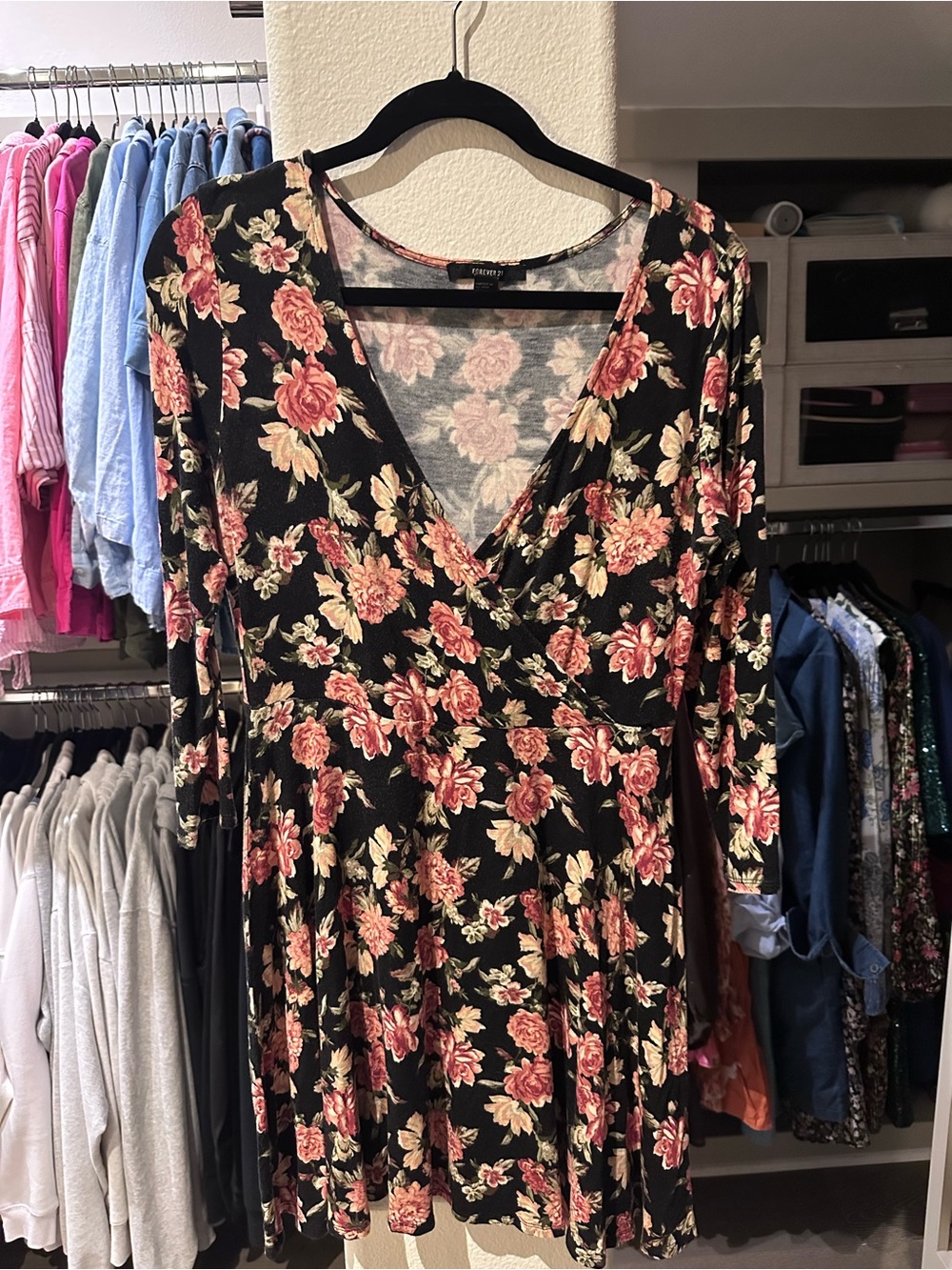 Black Floral Long-Sleeve V Neck Wrap Style Dress